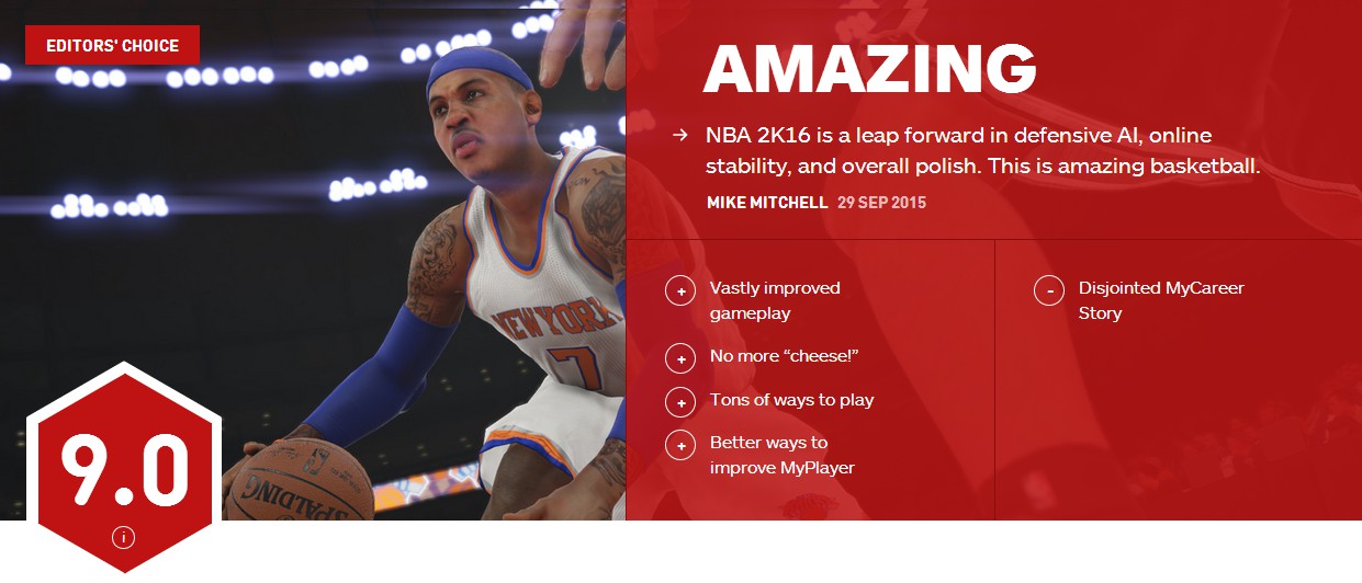 《NBA2K16》获IGN9.0评价 迄今为止最佳的篮球游戏