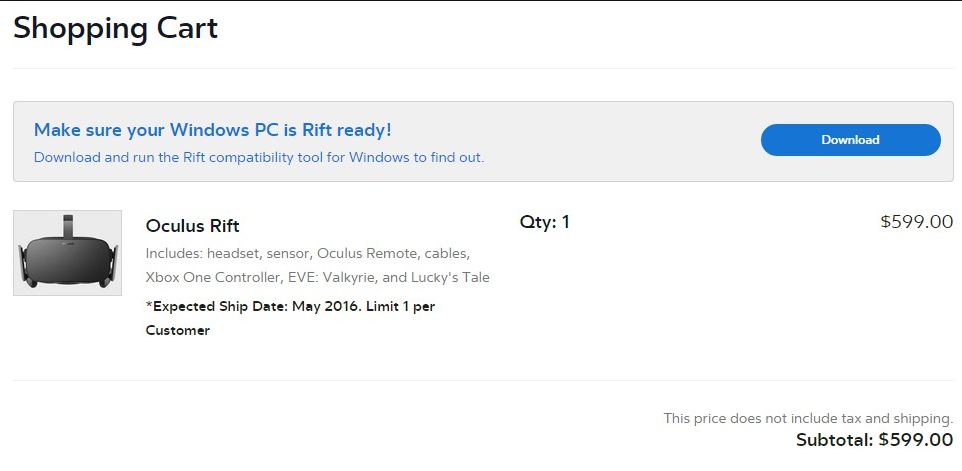 Oculus Rift预售15分钟售空 售价599美元配置要求放出