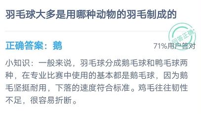 羽毛球大多是用哪种动物的羽毛制成的 蚂蚁庄园7.22答案是鹅还是鸡