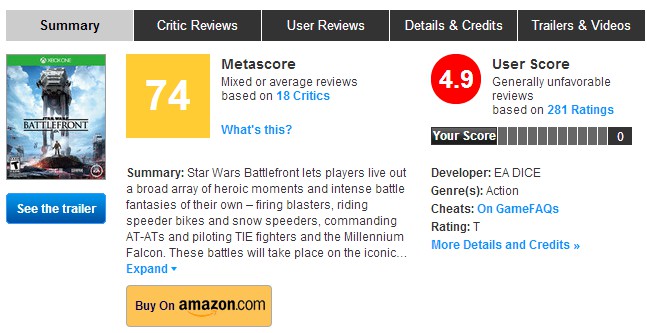 《星球大战：前线》玩家各种差评 整体评分5分不到
