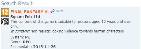 欧洲评级机构PEGI泄露情报 《最终幻想6》将登陆PC