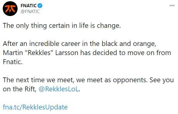 Rekkles离开FNC FNC战队官宣Rekkles离队